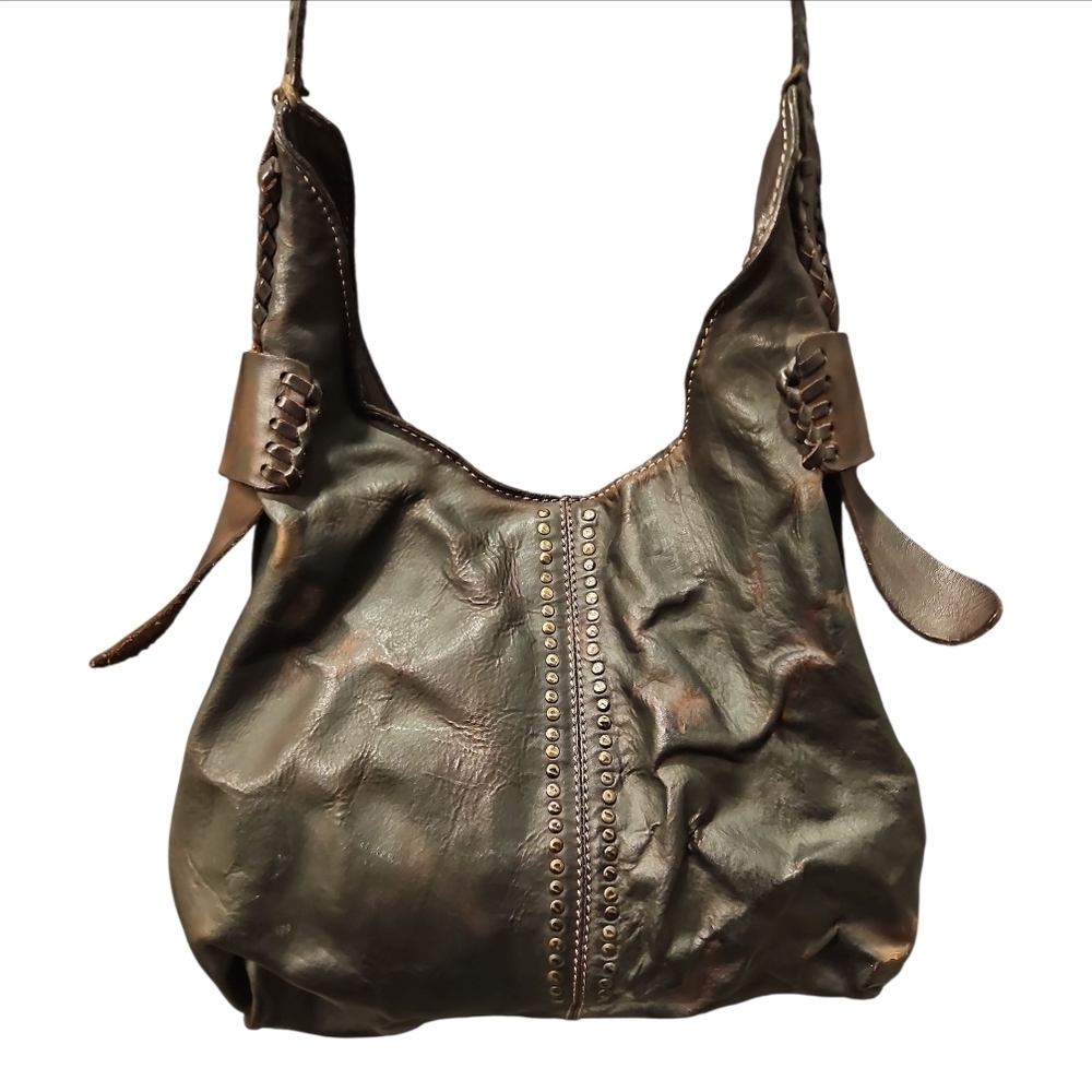 FRYE | Samantha Studded Hammered Leather Hobo Bag Brown Distressed Crossbody